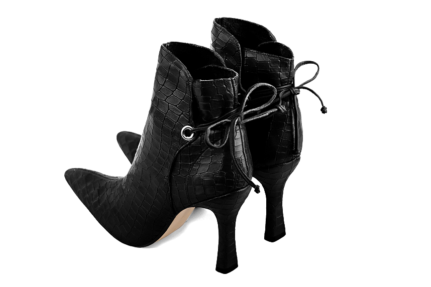 Satin black women's ankle boots with laces at the back. Tapered toe. Very high spool heels. Rear view - Florence KOOIJMAN